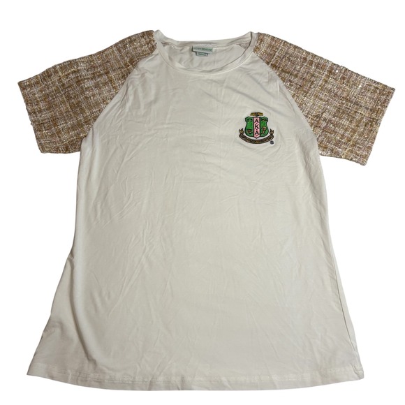 Ivy Storehouse AKA Tweed Sleeve T-Shirt Sorority Green Pink Gold Tweed S - Picture 1 of 8